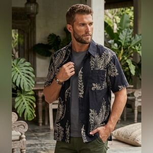 6A by AXIS Men’s XL Black & Cream Graphic Batik Print Short Sleeve Button Down